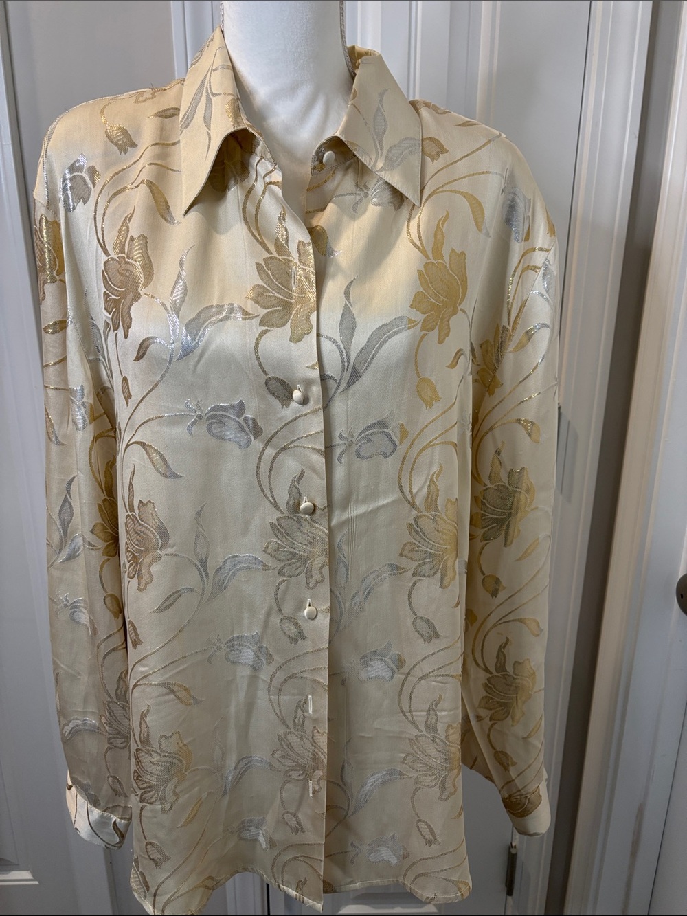 Corey B. New York Vintage Silk Blend Gold & Ivory Metallic Floral Top XL